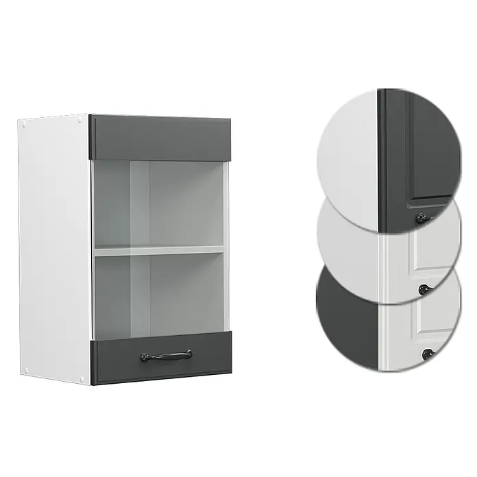 Vicco Schrankküche R-Line Anthrazit Landhaus - Anthrazit Landhaus, Hängeglasschrank 40 cm - Weiß-dunkelgrauer Küchenwandschrank mit Glastür, Innenablage und unterer Schublade.