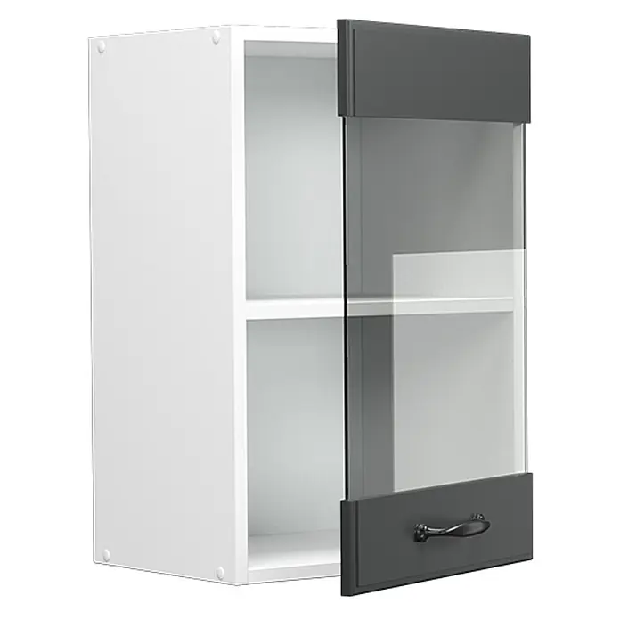 Vicco Schrankküche R-Line Anthrazit Landhaus - Anthrazit Landhaus, Hängeglasschrank 40 cm - Weißer Wandschrank mit dunkelgrau gerahmter Glastür, leicht geöffnet, mit zwei Regalböden und schwarzem Griff.