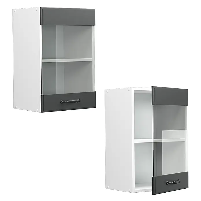 Vicco Schrankküche R-Line Anthrazit Landhaus - Anthrazit Landhaus, Hängeglasschrank 40 cm - Weißer Hängeschrank mit dunkelgrauen Blenden, Glastür und schwarzem Griff. Zwei Ansichten, eine Tür leicht geöffnet.