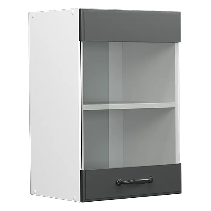 Vicco Schrankküche R-Line Anthrazit Landhaus - Anthrazit Landhaus, Hängeglasschrank 40 cm - Weißer und dunkelgrauer Hängeschrank mit Glastür, Innenregal und dunklem Griff.