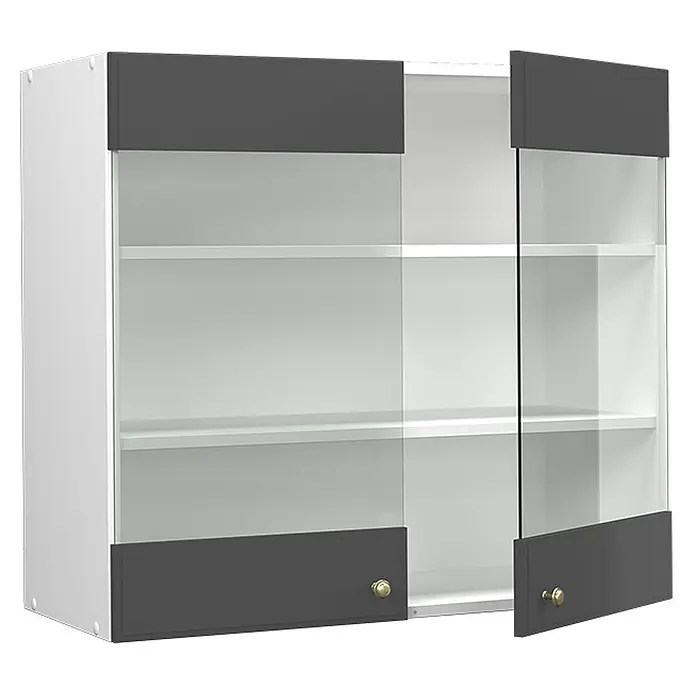 Vicco Schrankküche Fame-Line Anthrazit-Gold - Anthrazit-Gold Landhaus, Hängeglasschrank 80 cm - Weißer Hängeschrank mit zwei Türen aus anthrazitfarbenem Holz und Glas, mit goldenen Knäufen und Regalböden.