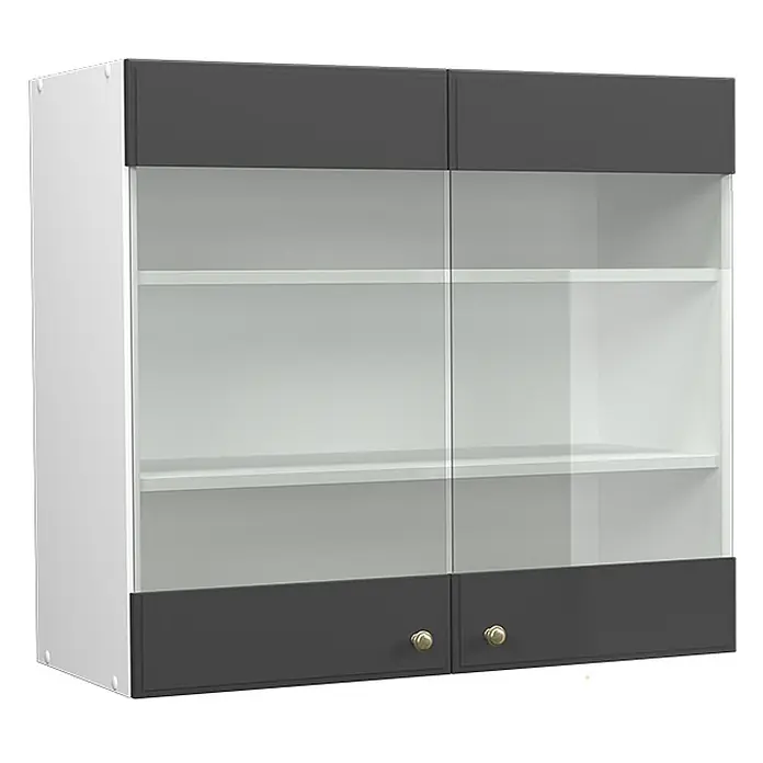 Vicco Schrankküche Fame-Line Anthrazit-Gold - Anthrazit-Gold Landhaus, Hängeglasschrank 80 cm - Zweitüriger Hängeschrank mit dunkelgrauem Ober-/Unterteil, weißem Korpus, Glastüren und goldenen Knöpfen.