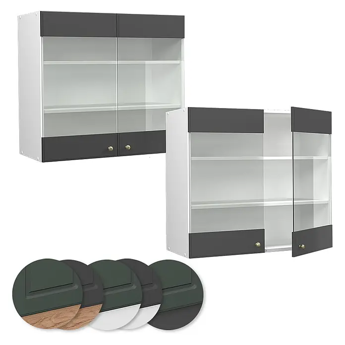 Vicco Schrankküche Fame-Line Anthrazit-Gold - Anthrazit-Gold Landhaus, Hängeglasschrank 80 cm - Weißer Wandschrank mit Glastüren und dunkelgrauen Ober-/Unterblenden, in verschiedenen Ausführungen erhältlich, offen und geschlossen gezeigt.