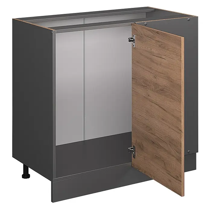 Vicco Schrankküche R-Line Goldkraft Eiche ohne Arbeitsplatte - Goldkraft Eiche, Eckunterschrank 86 cm - Dunkelgrauer Unterschrank mit hellbrauner Holzmaserungstür, teilweise geöffnet. Mit verstellbaren Füßen und sichtbaren Scharnieren.