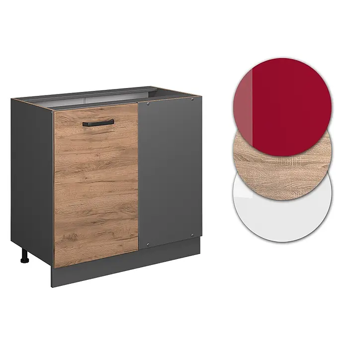 Vicco Schrankküche R-Line Goldkraft Eiche ohne Arbeitsplatte - Goldkraft Eiche, Eckunterschrank 86 cm - Zweifarbiger Küchenunterschrank mit dunkelgrauem Korpus und heller Holztür, zeigt rote, Holz- und weiße Oberflächenoptionen.