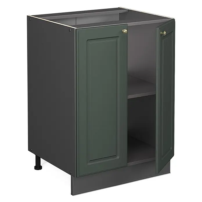 Vicco Schrankküche Fame-Line Grün-Gold Landhaus, AP Marmor - Grün-Gold Landhaus, Unterschrank 60 cm, AP Marmor - Dunkelgrauer Küchenunterschrank mit zwei dunkelgrünen Kassettentüren, Messinggriffen und einem Einlegeboden. Verstellbare Beine.
