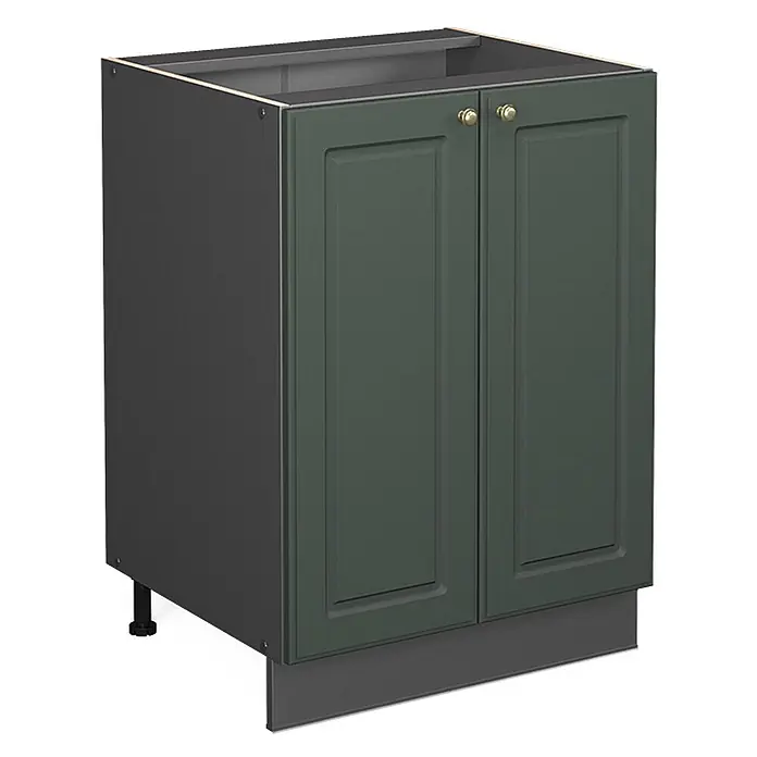 Vicco Schrankküche Fame-Line Grün-Gold Landhaus ohne Arbeitsplatte - Grün-Gold Landhaus, Unterschrank 60 cm - Dunkelgrauer Unterschrank mit zwei dunkelgrünen Kassettentüren und goldfarbenen Knöpfen, mit verstellbaren Füßen und Sockelleiste.