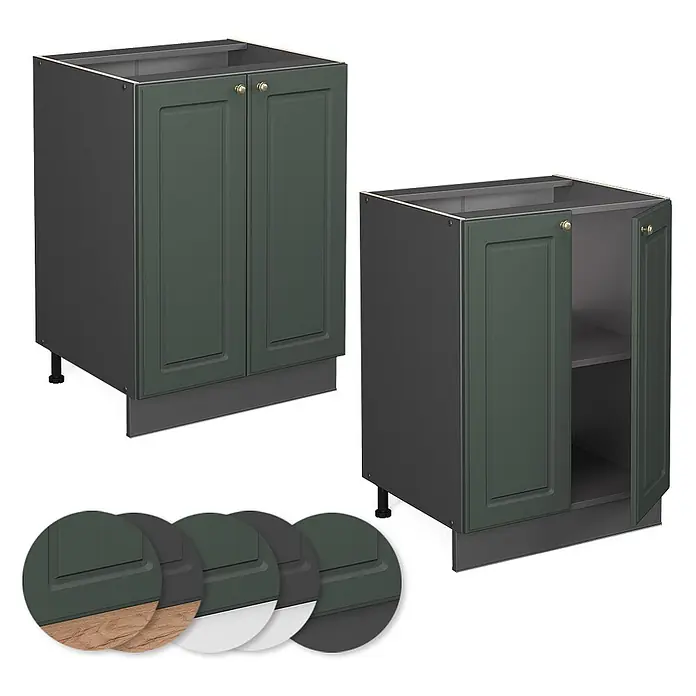 Vicco Schrankküche Fame-Line Grün-Gold Landhaus, AP Marmor - Grün-Gold Landhaus, Unterschrank 60 cm, AP Marmor - Zwei dunkelgrüne Unterschränke im Shaker-Stil mit dunkelgrauem Korpus; einer geschlossen, einer mit offener Tür und Regal.