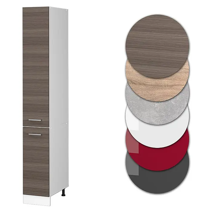 Vicco Schrankküche R-Line Edelgrau - Edelgrau, Apothekerhochschrank 30 cm - Hoher Küchenschrank mit Holzmaserungstüren und Metallgriffen. Farbkreise zeigen Holz-, Beton-, Weiß-, Rot- und Dunkelgrau-Optionen.