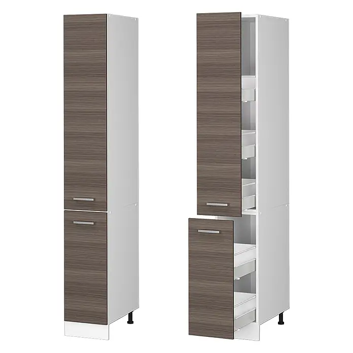 Vicco Schrankküche R-Line Edelgrau - Edelgrau, Apothekerhochschrank 30 cm - Hoher Küchenschrank in Braunholzoptik mit weißem Korpus, geschlossen und geöffnet mit Auszügen.