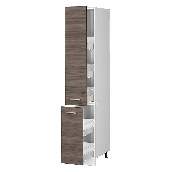 Vicco Schrankküche R-Line Edelgrau - Edelgrau, Apothekerhochschrank 30 cm - Hoher Küchenschrank mit dunkelbraunen Holztüren, weißem Innenraum und mehreren weißen Auszügen.