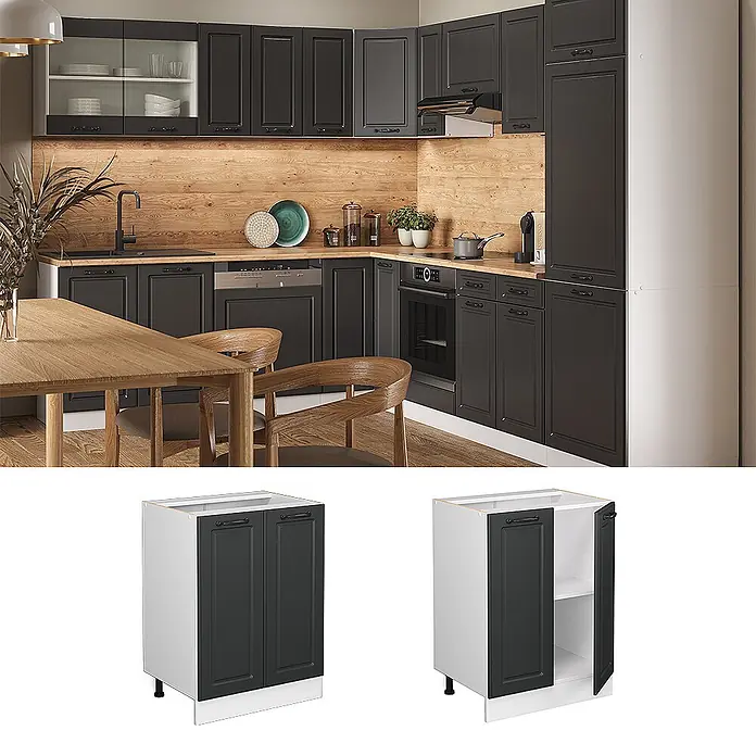 Vicco Schrankküche R-Line Anthrazit Landhaus, AP Marmor - Anthrazit Landhaus, Unterschrank 60 cm, AP Marmor - Dunkelgrauer zweitüriger Küchenunterschrank mit Kassettenfronten in moderner Küche.