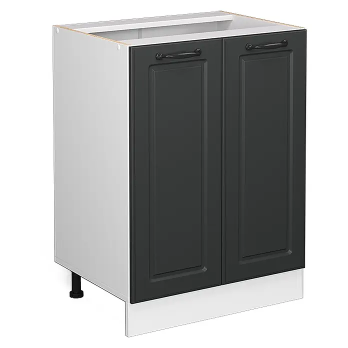 Vicco Schrankküche R-Line Anthrazit Landhaus ohne Arbeitsplatte - Anthrazit Landhaus, Unterschrank 60 cm - Dunkelgrauer zweitüriger Küchenunterschrank mit schwarzen Griffen, weißem Korpus und weißer Sockelleiste.