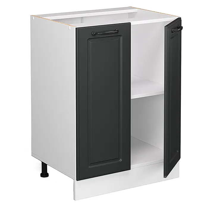 Vicco Schrankküche R-Line Anthrazit Landhaus, AP Marmor - Anthrazit Landhaus, Unterschrank 60 cm, AP Marmor - Weißer Küchenunterschrank mit zwei dunkelgrauen Kassettentüren, schwarzen Griffen und einem Einlegeboden.