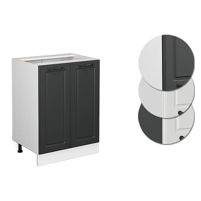 Vicco Schrankküche R-Line Anthrazit Landhaus ohne Arbeitsplatte - Anthrazit Landhaus, Unterschrank 60 cm - Dunkelgrauer zweitüriger Küchenunterschrank mit weißen Seiten und Sockelblende, mit mehreren Musterproben.