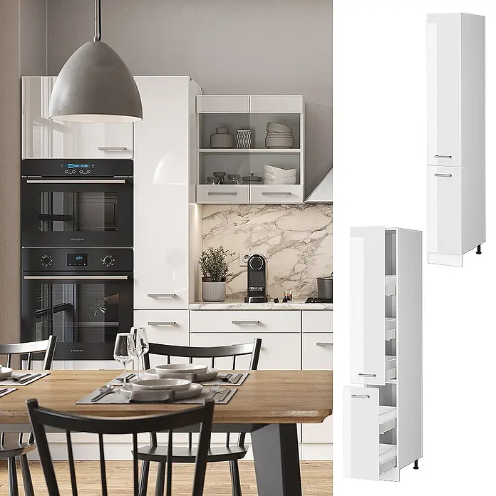Vicco Schrankküche R-Line Weiß Hochglanz - Weiß Hochglanz, Apothekerhochschrank 30 cm - Weißer hochglänzender hoher Küchenschrank mit Auszugregalen, integriert in eine moderne Küche.