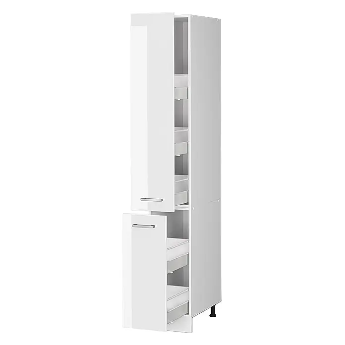 Vicco Schrankküche R-Line Weiß Hochglanz - Weiß Hochglanz, Apothekerhochschrank 30 cm - Hoher, weißer Hochglanzschrank mit offenen Türen, die ausziehbare interne Aufbewahrungsschubladen zeigen.