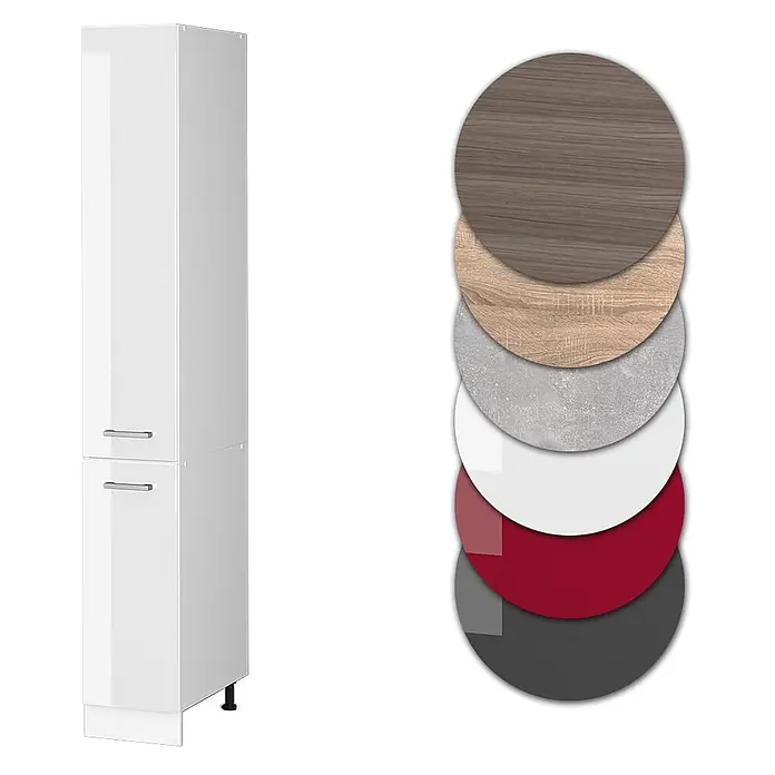Vicco Schrankküche R-Line Weiß Hochglanz - Weiß Hochglanz, Apothekerhochschrank 30 cm - Weißer glänzender Hochschrank mit zwei Türen und Griffen, dazu Materialmuster in Holz, Beton, Weiß, Rot und Dunkelgrau.