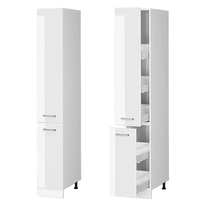 Vicco Schrankküche R-Line Weiß Hochglanz - Weiß Hochglanz, Apothekerhochschrank 30 cm - Zwei hohe, weiße Hochglanz-Vorratschränke, einer geschlossen, einer offen mit Auszügen.