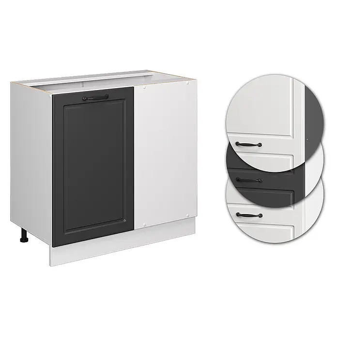 Vicco Schrankküche R-Line Anthrazit Landhaus ohne Arbeitsplatte - Breite: 86 cm, Anthrazit Landhaus, Eckunterschrank 86 cm - Weißer Küchenunterschrank mit einer dunkelgrauen Kassettentür und Griff. Auch Optionen mit weißen Türen werden gezeigt.