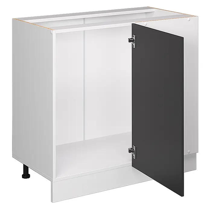 Vicco Schrankküche R-Line Anthrazit Landhaus ohne Arbeitsplatte - Breite: 86 cm, Anthrazit Landhaus, Eckunterschrank 86 cm - Weißer Küchenunterschrank mit offener dunkelgrauer Tür, der den Innenraum zeigt.