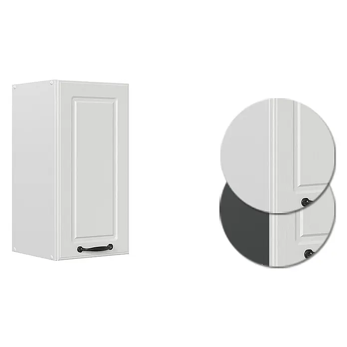 Vicco Schrankküche R-Line Weiß Landhaus - Weiß Landhaus, Hängeschrank 30 cm - Weißer Küchenwandschrank mit texturierter Tür und dunklem Griff.