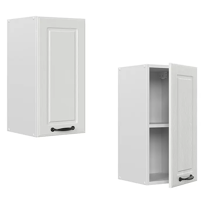Vicco Schrankküche R-Line Weiß Landhaus - Weiß Landhaus, Hängeschrank 30 cm - Zwei weiße Hängeschränke mit Holzmaserung, schwarzen Griffen; einer geschlossen, einer offen mit Einlegeböden.