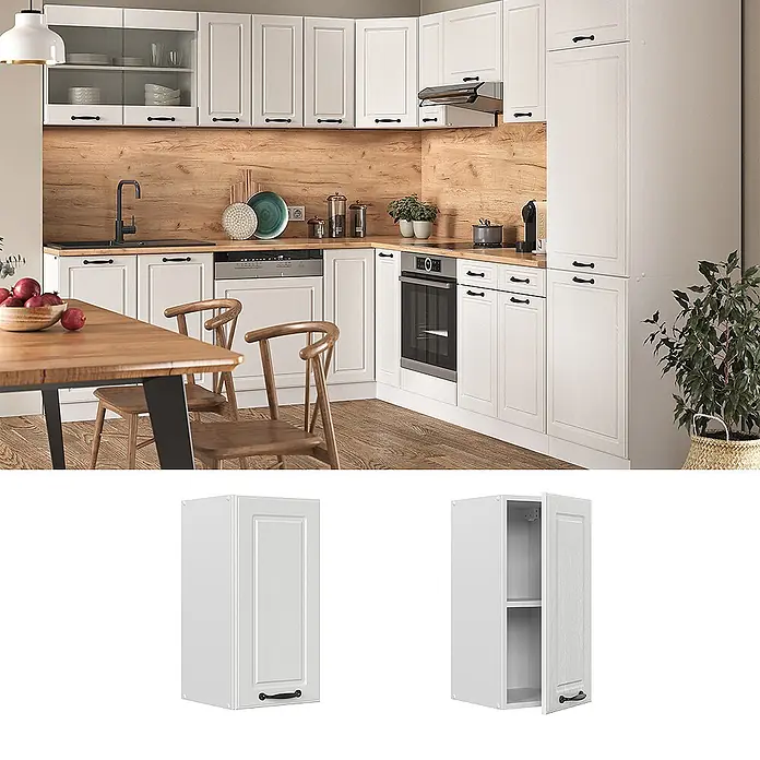 Vicco Schrankküche R-Line Weiß Landhaus - Weiß Landhaus, Hängeschrank 30 cm - Weißer Küchenschrank mit Kassettentür und schwarzem Griff, Teil einer modernen Kücheneinrichtung.