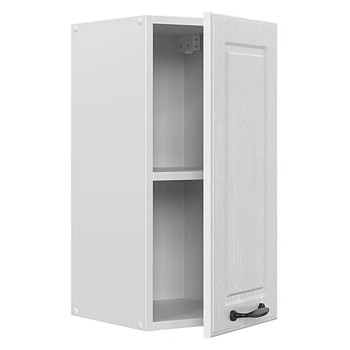 Vicco Schrankküche R-Line Weiß Landhaus - Weiß Landhaus, Hängeschrank 30 cm - Weißer Wandschrank mit offener, holzstrukturierter Tür, Einlegeboden und schwarzem Griff.