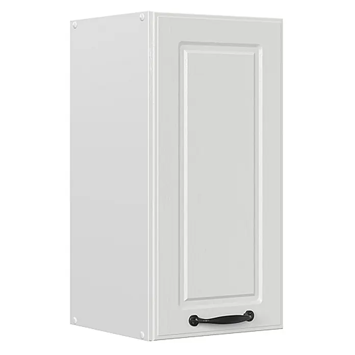 Vicco Schrankküche R-Line Weiß Landhaus - Weiß Landhaus, Hängeschrank 30 cm - Weißer Küchenwandschrank mit strukturierter Kassettentür und schwarzem Ziergriff.