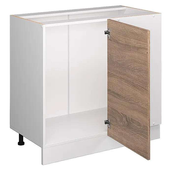 Vicco Schrankküche R-Line Sonoma, AP Anthrazit - Sonoma, Eckunterschrank 86 cm, AP Anthrazit - Weißer Küchenunterschrank mit brauner Holztür, geöffnet, auf schwarzen Standfüßen.