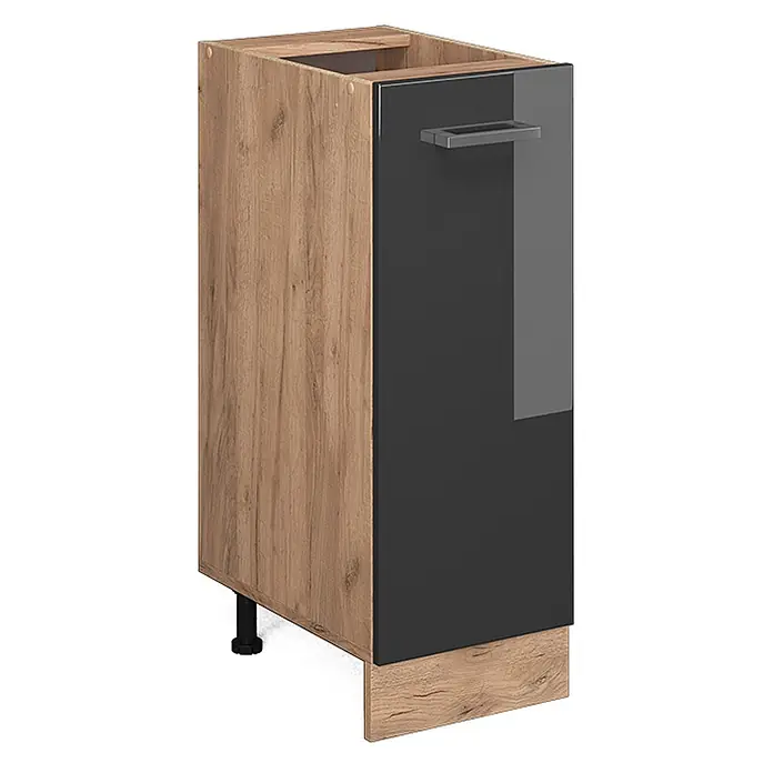 Vicco Schrankküche R-Line Anthrazit Hochglanz ohne Arbeitsplatte - Anthrazit Hochglanz, Apothekerunterschrank 30 cm - Küchenunterschrank in Holzoptik mit dunkelgrauer Tür und Griff, passendem Sockel und schwarzen verstellbaren Füßen.