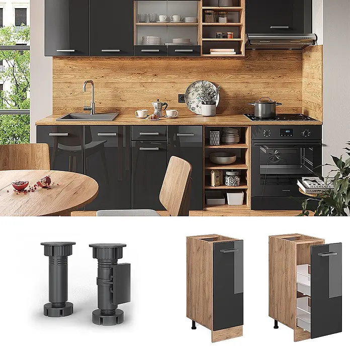 Vicco Schrankküche R-Line Anthrazit Hochglanz ohne Arbeitsplatte - Anthrazit Hochglanz, Apothekerunterschrank 30 cm - Moderne Küche mit dunkelgrauen Hochglanzschränken, Holzdetails, verstellbaren Beinen und schmalem Auszugsschrank.