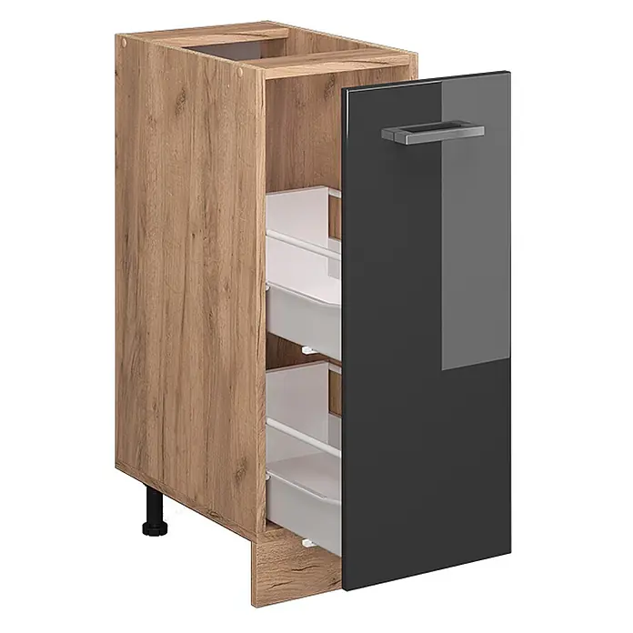 Vicco Schrankküche R-Line Anthrazit Hochglanz ohne Arbeitsplatte - Anthrazit Hochglanz, Apothekerunterschrank 30 cm - Unterschrank in Eichenoptik mit dunkelgrauer Glanztür und internen Auszugskörben.