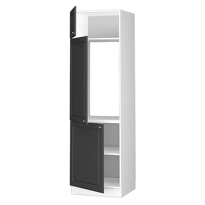 Vicco Schrankküche Fame-Line Anthrazit-Gold Landhaus - Anthrazit-Gold Landhaus, Kühlumbauschrank 60 cm - Hoher weißer Küchenschrank mit offenen schwarzen Schranktüren im Shaker-Stil, Messingknöpfen und Innenregalen.