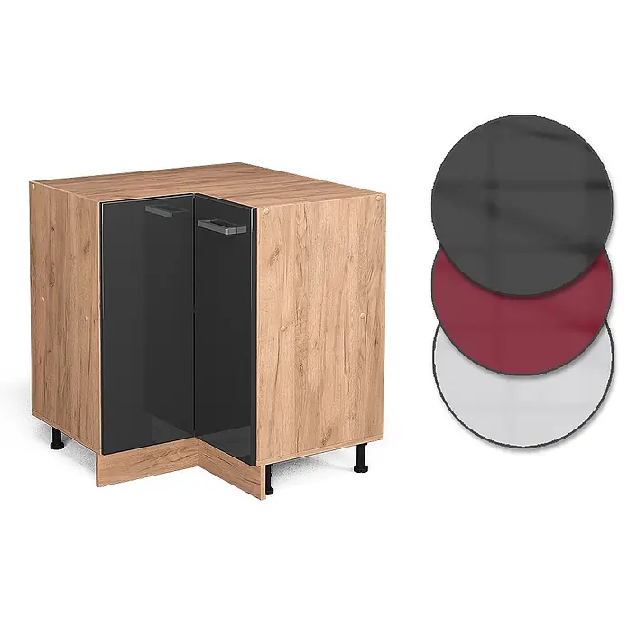 Vicco Schrankküche R-Line Anthrazit Hochglanz ohne Arbeitsplatte - Breite: 75,6 cm, Anthrazit Hochglanz, Eckunterschrank - Eckunterschrank aus hellem Holz mit dunklen Glastüren. Farbmuster für dunkelgraues, burgunderrotes und hellgraues Glas enthalten.