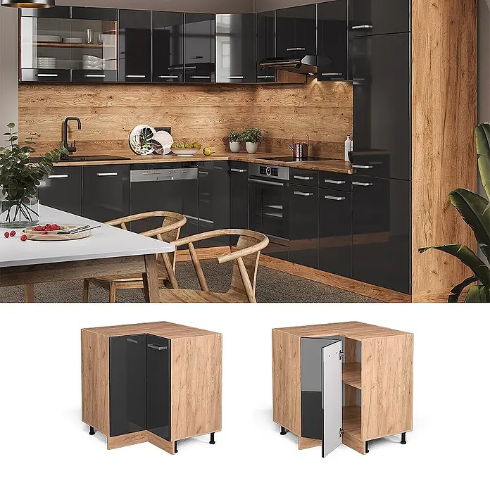 Vicco Schrankküche R-Line Anthrazit Hochglanz ohne Arbeitsplatte - Breite: 75,6 cm, Anthrazit Hochglanz, Eckunterschrank - Moderne Küche mit dunkelgrauen Hochglanzschränken, heller Holz-Arbeitsplatte und Spritzschutz. Inklusive Detailansicht eines Eckunterschranks.