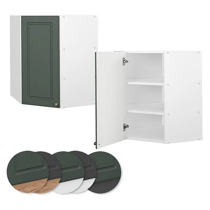 Vicco Schrankküche Fame-Line Grün-Gold Landhaus - Grün-Gold Landhaus, Eckhängeschrank 57 cm - Weiße Küchenhängeschränke: ein Eckschrank mit dunkelgrüner Tür und ein offener Regalschrank mit Einlegeböden, plus Farbmuster.