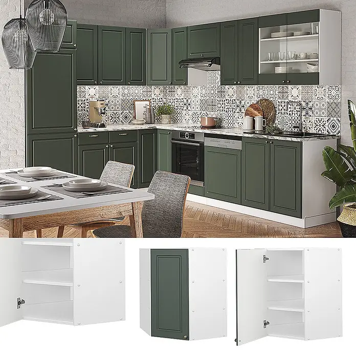 Vicco Schrankküche Fame-Line Grün-Gold Landhaus - Grün-Gold Landhaus, Eckhängeschrank 57 cm - Modulares grünes Küchenschranksystem in moderner Küche mit diversen Stauräumen und integrierten Geräten.