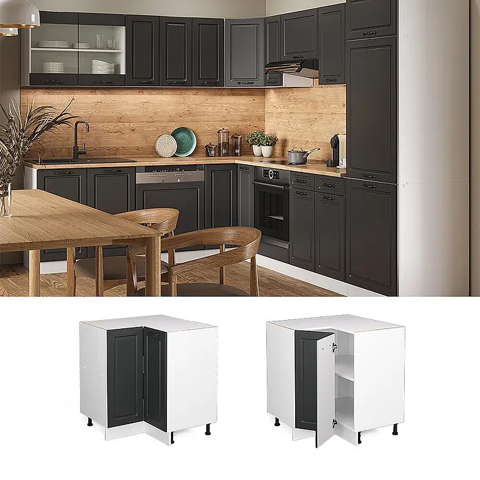 Vicco Schrankküche R-Line Anthrazit Landhaus ohne Arbeitsplatte - Breite: 75,6 cm, Anthrazit Landhaus, Eckunterschrank - Moderne Küche mit dunkelgrauen Schränken, Holzplatte und Rückwand, einschließlich Eckschrank für optimierten Stauraum.