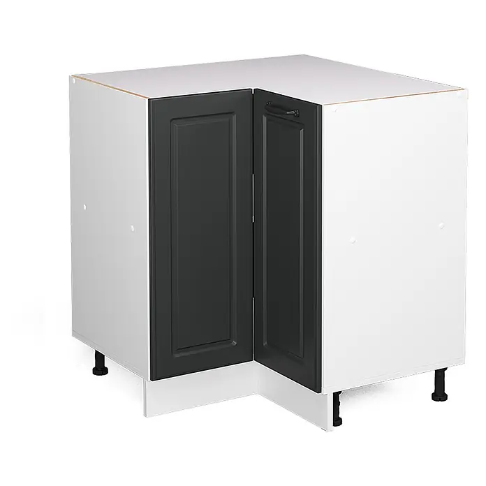Vicco Schrankküche R-Line Anthrazit Landhaus ohne Arbeitsplatte - Breite: 75,6 cm, Anthrazit Landhaus, Eckunterschrank - Weißer Eckunterschrank mit dunkelgrauen Kassettentüren, schwarzem Griff, verstellbaren schwarzen Füßen und weißer Sockelblende.