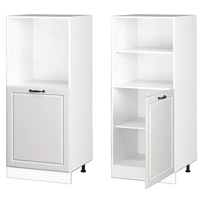 Vicco Schrankküche R-Line Weiß Landhaus - Weiß Landhaus, Backofenumbauschrank 60 cm (halb) - Zwei weiße Küchenschränke: einer mit offenem Oberteil und hellgrauer Tür, der andere mit Regalen und kleinerer hellgrauer Tür.