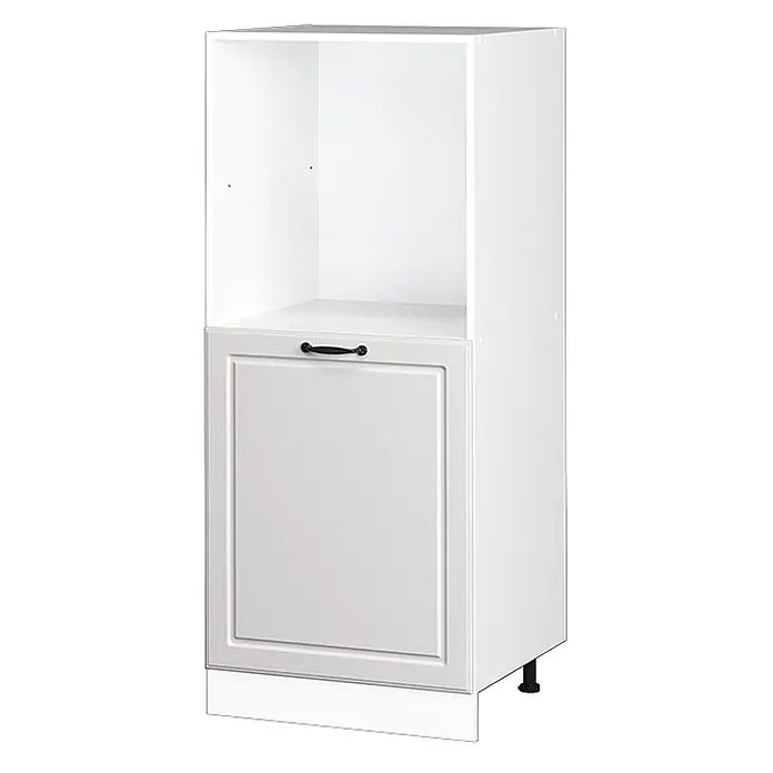 Vicco Schrankküche R-Line Weiß Landhaus - Weiß Landhaus, Backofenumbauschrank 60 cm (halb) - Weißer Küchenschrank mit offenem Fach, dekorativer Tür, schwarzem Griff und Sockelblende.