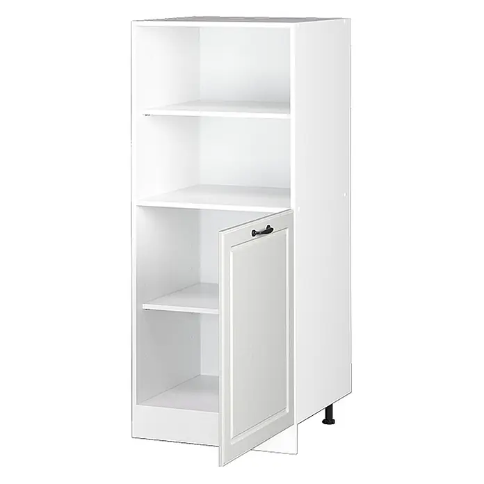 Vicco Schrankküche R-Line Weiß Landhaus - Weiß Landhaus, Backofenumbauschrank 60 cm (halb) - Weißer Küchenschrank mit offenen Fächern und einer halb geöffneten Tür mit schwarzem Griff, inklusive verstellbarer Füße.