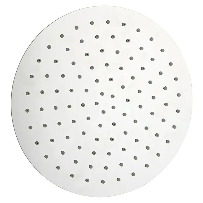 Camargue Kopfbrause Irreler - Durchmesser: 30 cm, Chrom - Nahaufnahme eines runden, silbernen Duschkopfs mit kleinen, grauen Düsen, der für ein modernes Badezimmerdesign entworfen wurde.