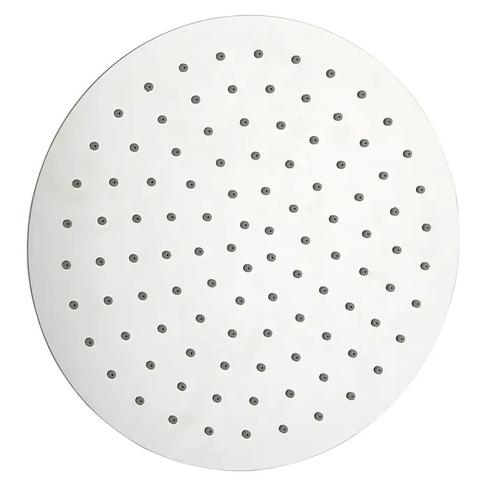 Camargue Kopfbrause IrrelerDurchmesser: 30 cm, Chrom - Nahaufnahme eines runden, silbernen Duschkopfs mit kleinen, grauen Düsen, der für ein modernes Badezimmerdesign entworfen wurde.