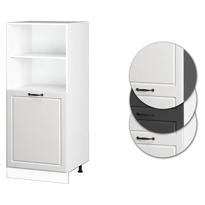 Vicco Schrankküche R-Line Weiß Landhaus - Weiß Landhaus, Backofenumbauschrank 60 cm (halb) - Weißer Schrank mit offenen Regalen, hellgrauer Tür und schwarzem Griff. Auch in Weiß oder Dunkelgrau und mit mehreren Schubladen erhältlich.