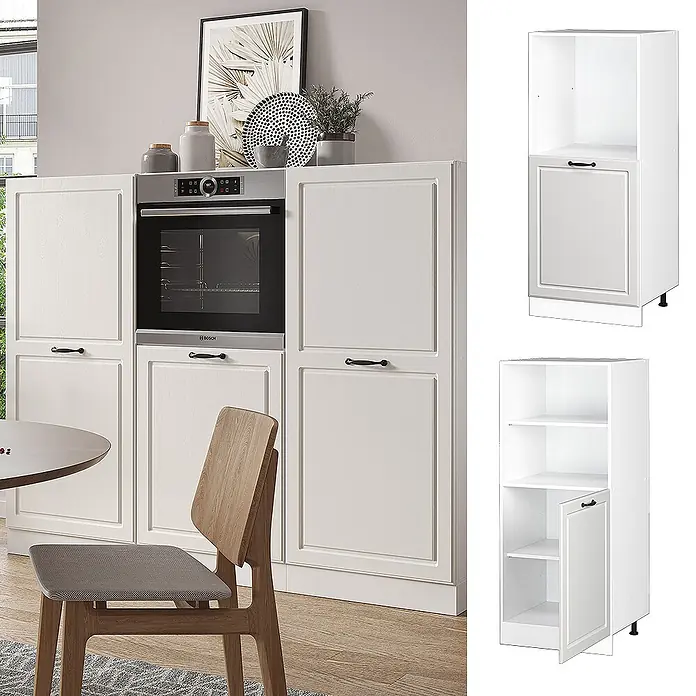 Vicco Schrankküche R-Line Weiß Landhaus - Weiß Landhaus, Backofenumbauschrank 60 cm (halb) - Weißer Küchenhochschrank mit klassischen Paneeltüren, für Einbauöfen und Stauraum konzipiert.