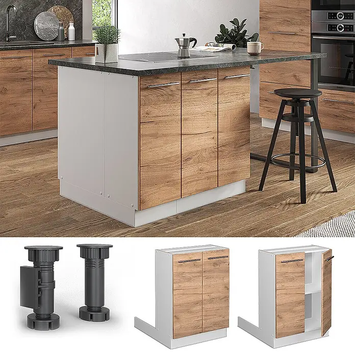 Vicco Inselküche Fame-Line Goldkraft Eiche ohne Arbeitsplatte - Goldkraft Eiche, Ohne Elektrogeräte - Moderne Kücheninsel mit dunkler Arbeitsplatte, Holztüren und Frühstücksbar in einer Küche.