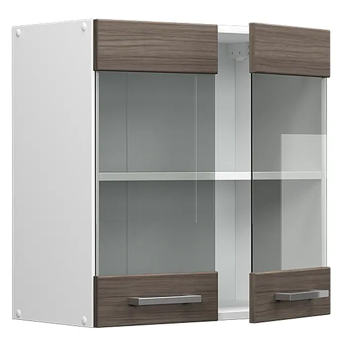 Vicco Schrankküche R-Line Edelgrau - Edelgrau, Hängeglasschrank 60 cm - Weißer Hängeschrank mit zwei Türen, braunen Holzdekor-Paneelen, klarem Glaseinsatz und silbernen Griffen.